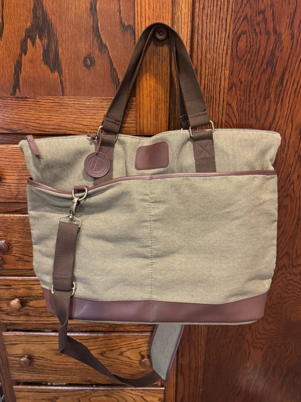 Olive Green and Brown Canvas Travel Tote - Men's Weekend Carryall